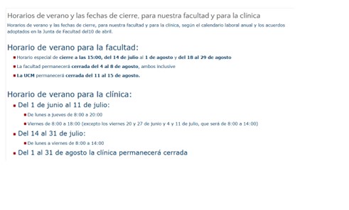 Horarios de la Facultad y Clínica en verano 2025